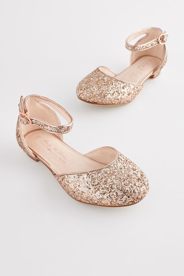 Rose Gold Glitter Occasion Ankle Strap Low Heel Shoes