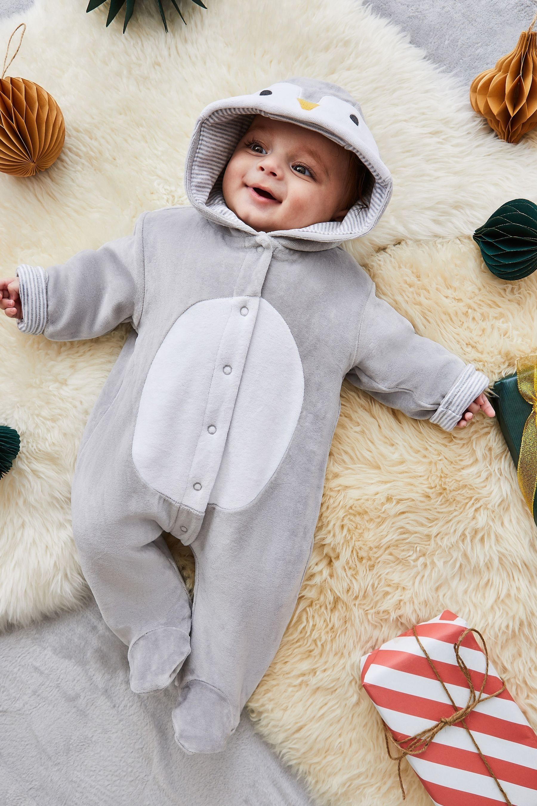 JoJo Maman B b Grey Penguin Cosy Velour Pramsuit