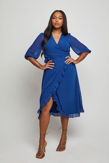 Chi Chi London Blue Short Sleeve Dobby Wrap Midi Dress