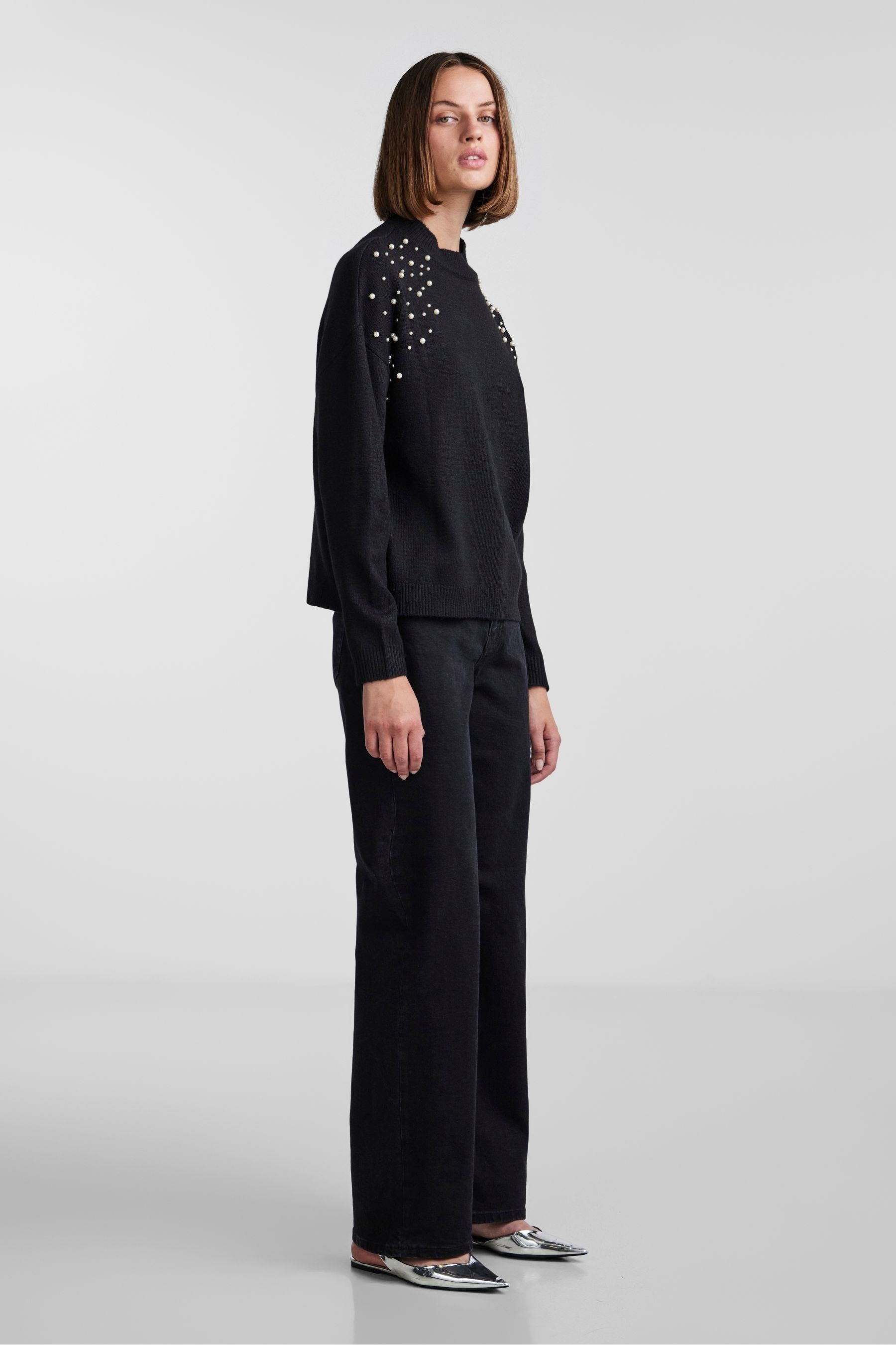 PIECES Black High Neck Pearl Detail Jumper