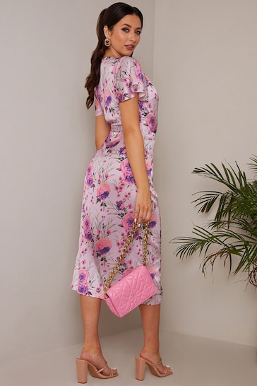Chi Chi London Purple Short Sleeve V-Neck Floral Midi Dress