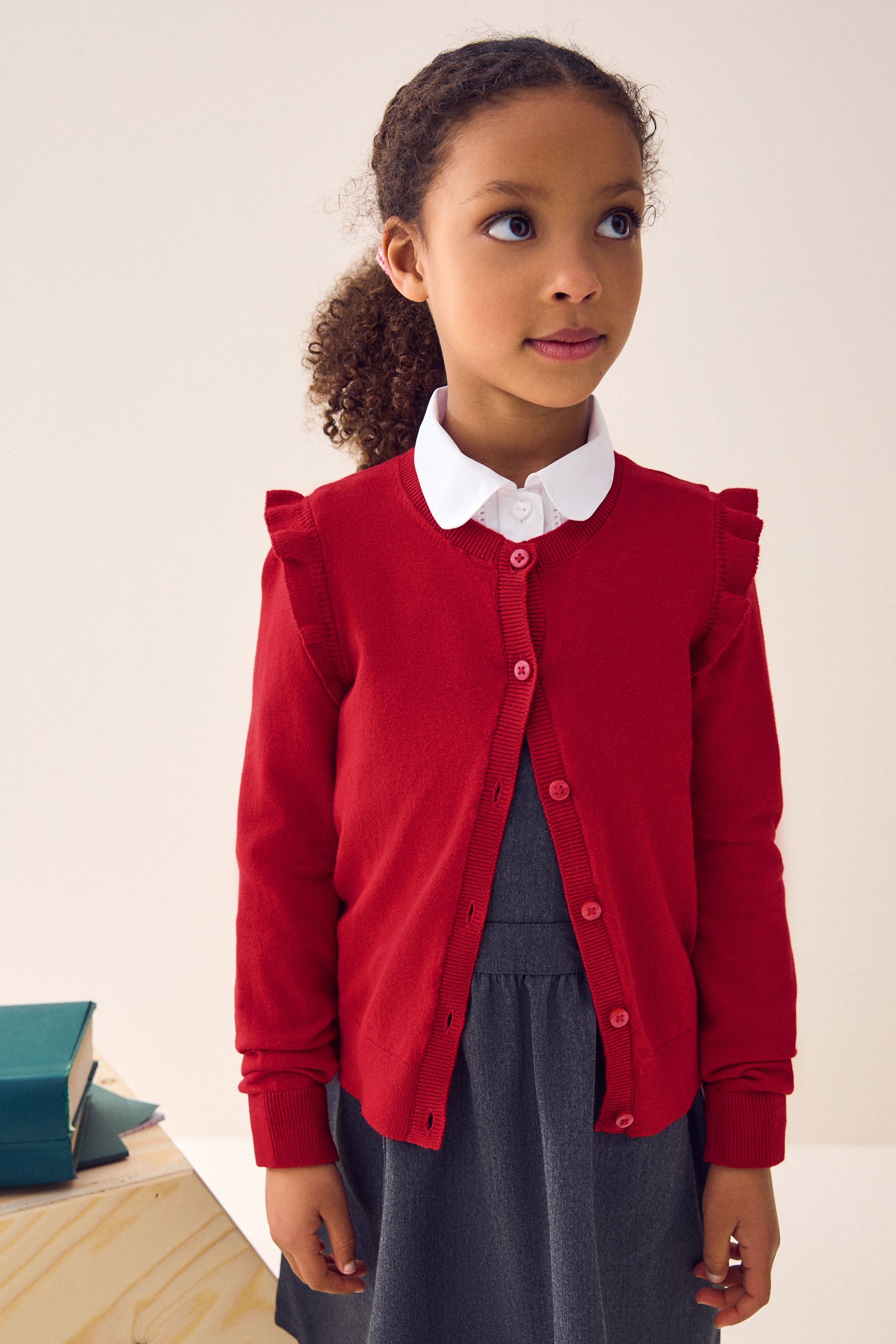 Red Cotton Rich Frill Shoulder School Cardigan 3 16yrs