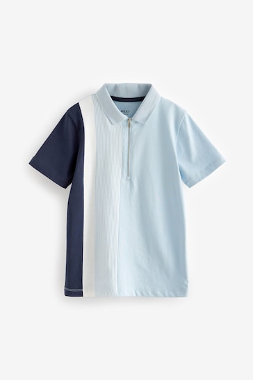 Light Blue/Navy Vertical Panel Short Sleeve Zip Neck Polo Shirt (3-16yrs)