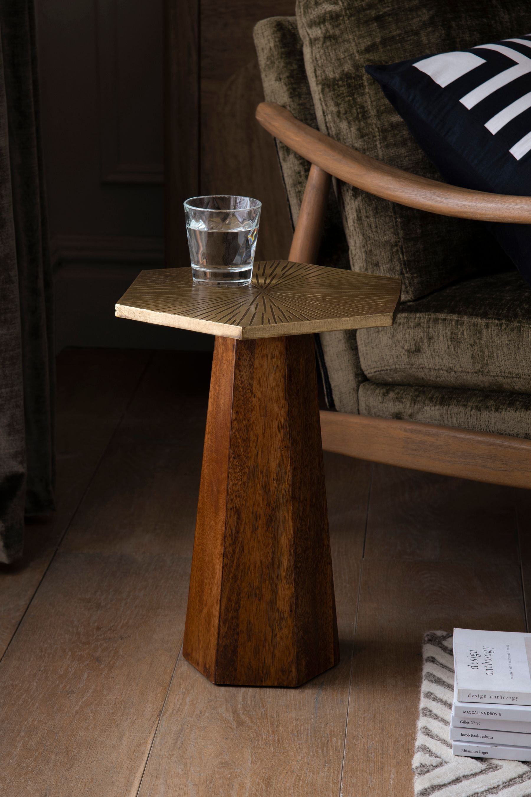 Wood and brass side shop table