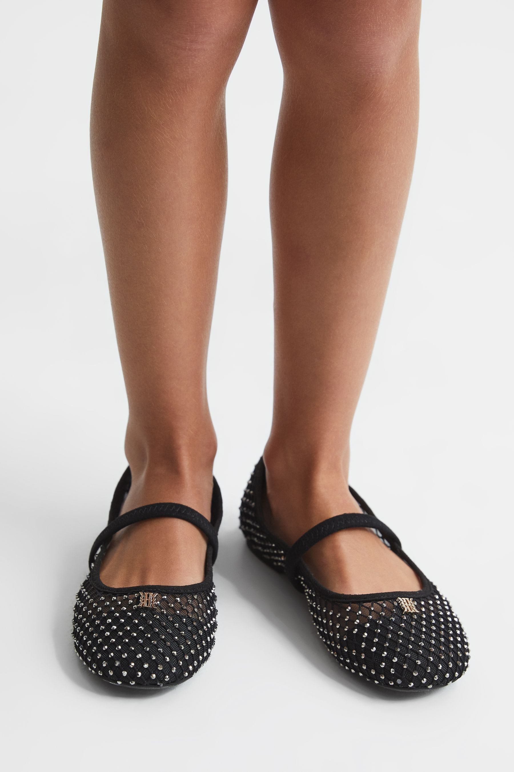 Reiss Black Amelia Crystal Detail Mesh Ballet Flats