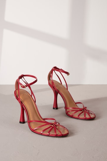 Red Premium Leather Cage Heeled Sandals