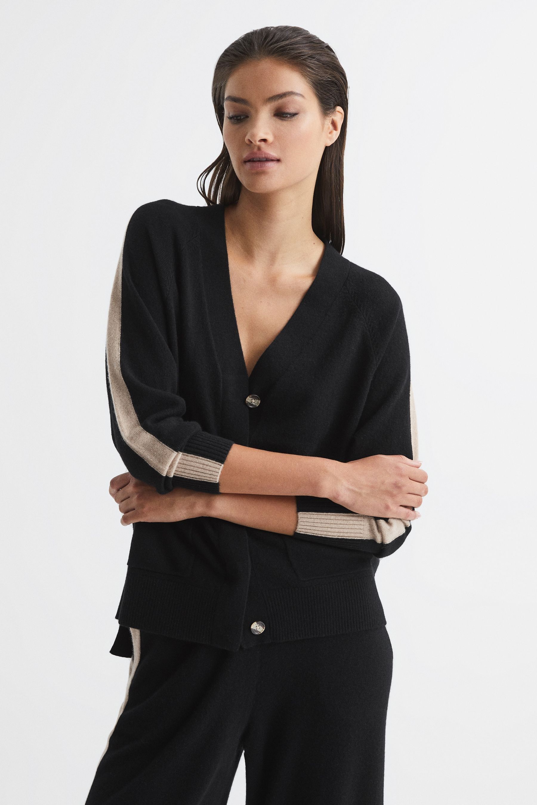 Buy Reiss Black Camel Amber Side Stripe Cashmere Cardigan from the Next UK online shop