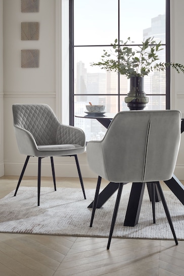 Set of 2 Soft Velvet Mid Grey Black Leg Hamilton Arm Dining Chairs