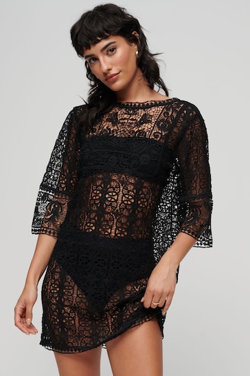 Superdry Black Beach Cover Up Lace Mini halter Dress