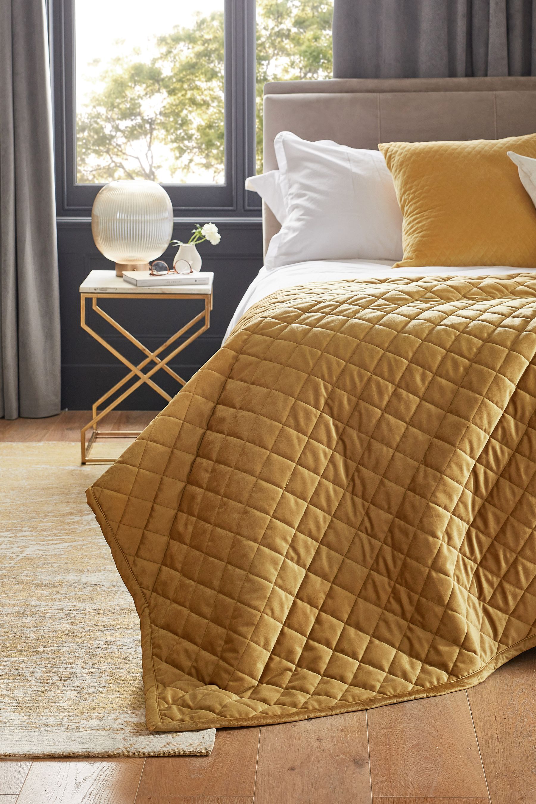 Buy Ochre Yellow Hamilton Velvet Quilted Bedspread from the Next