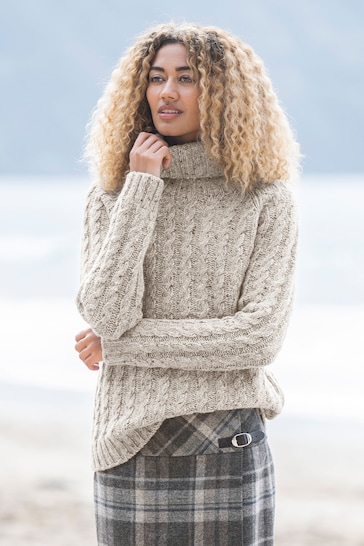Celtic & Co. Natural Donegal Cable Roll Neck Jumper