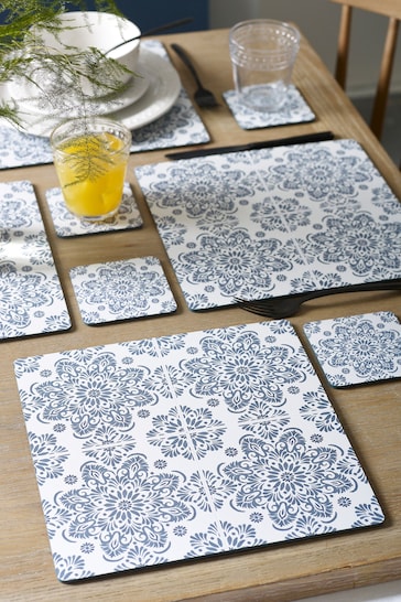 Set of 4 Blue Morrocan Tile Corkback Placemats and Coasters