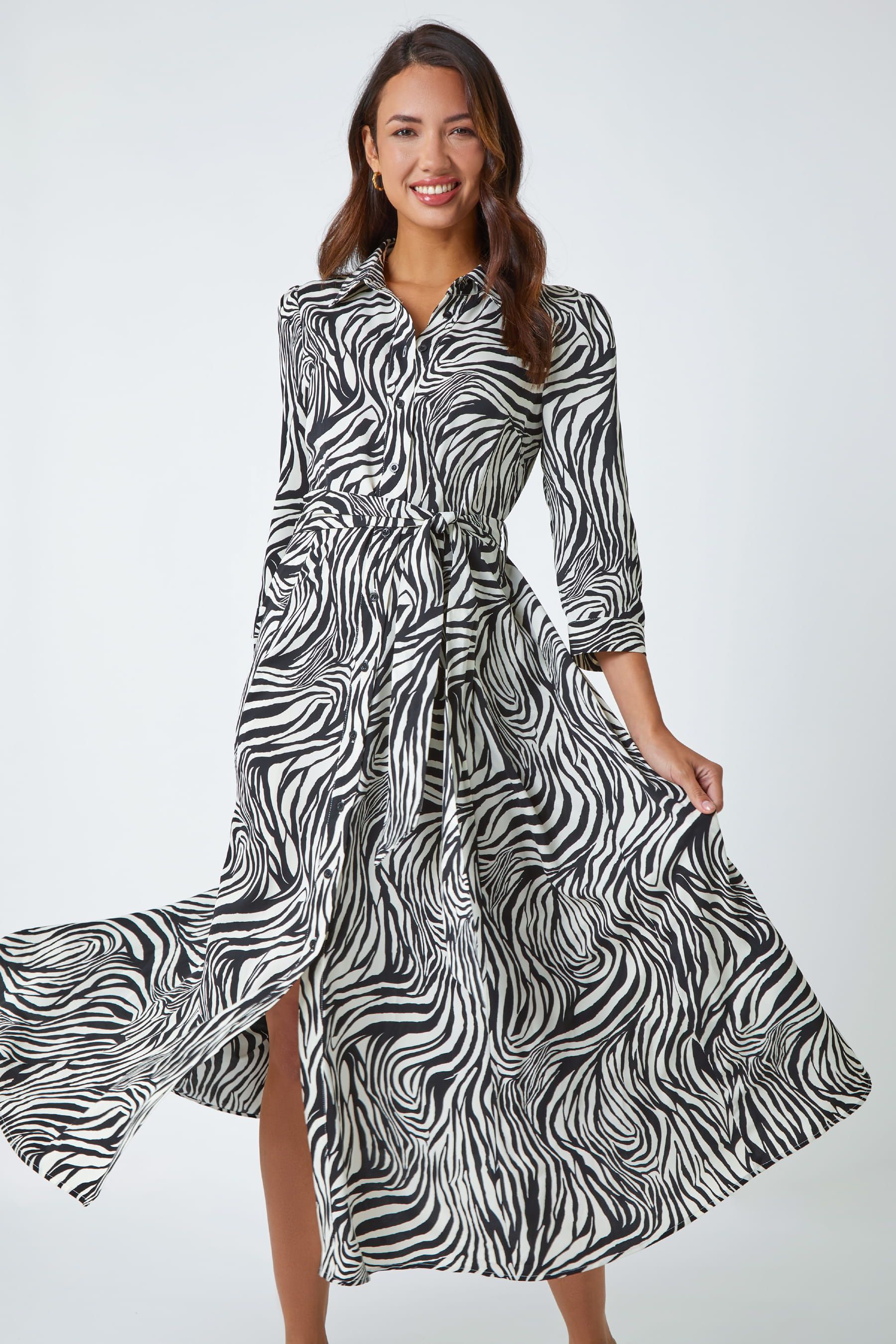 Roman Black white Animal Print Belted Shirt Dress