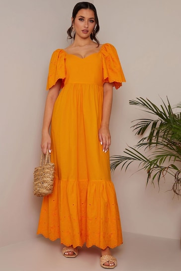 Chi Chi London Orange Broderie Sleeve Poplin Maxi Dress