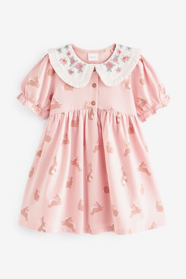 Pink Bunny Peter Pan Collar Puff Sleeve Cotton Jersey Dress (3mths-7yrs)