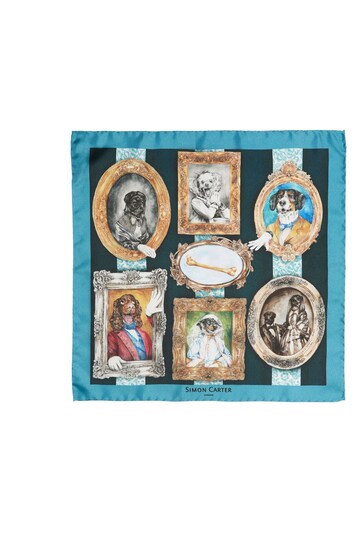 Simon Carter Blue Victorian Dogs Silk Pocket Square