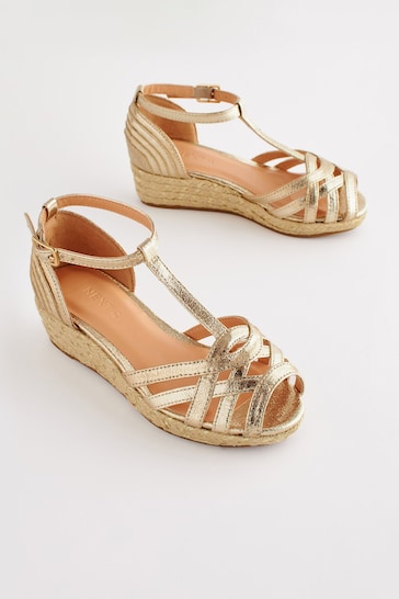 Gold Metallic Woven Wedge Ankle Strap Sandals