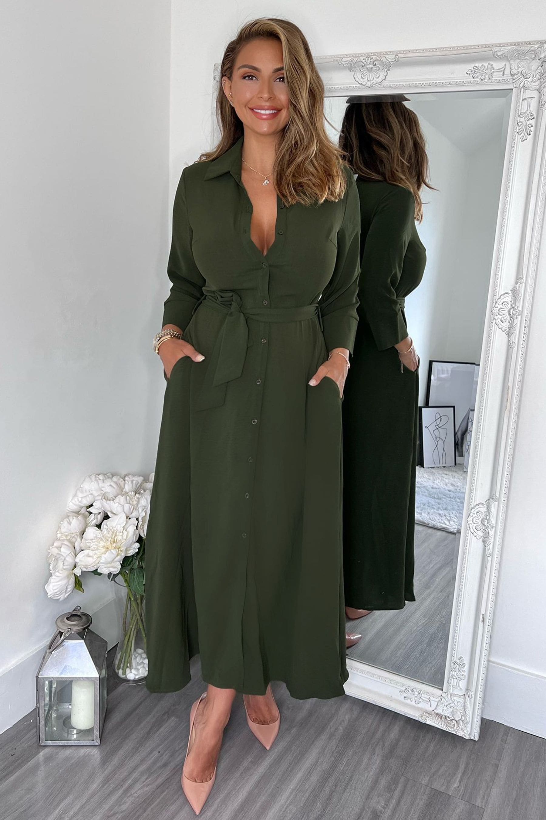 Army green button up dress 2025