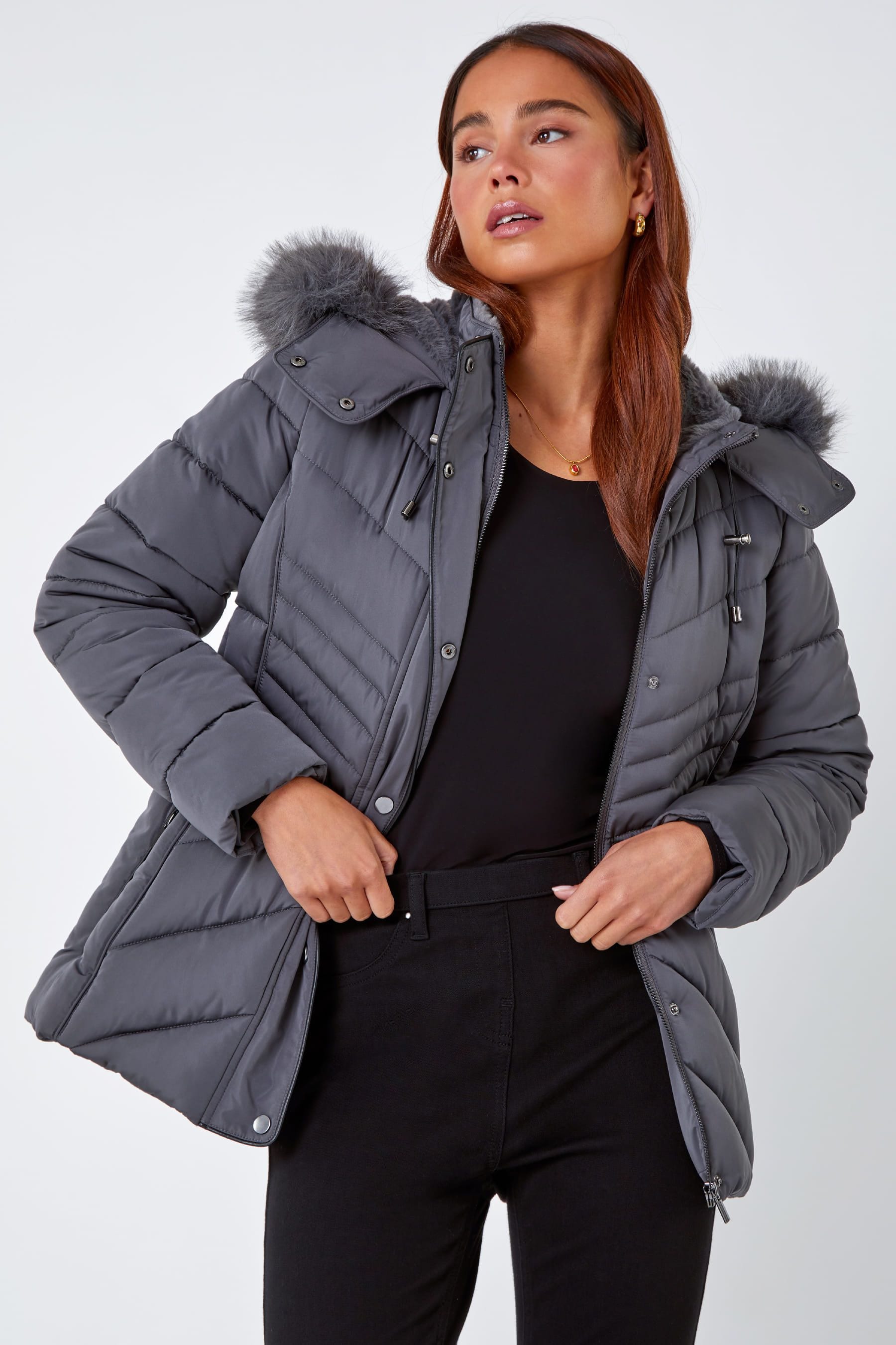 Black fitted coat with fur hood online