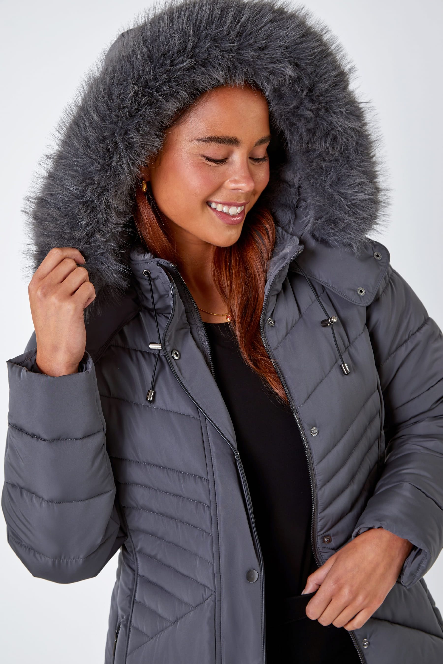 Grey padded coat 2025 with fur hood