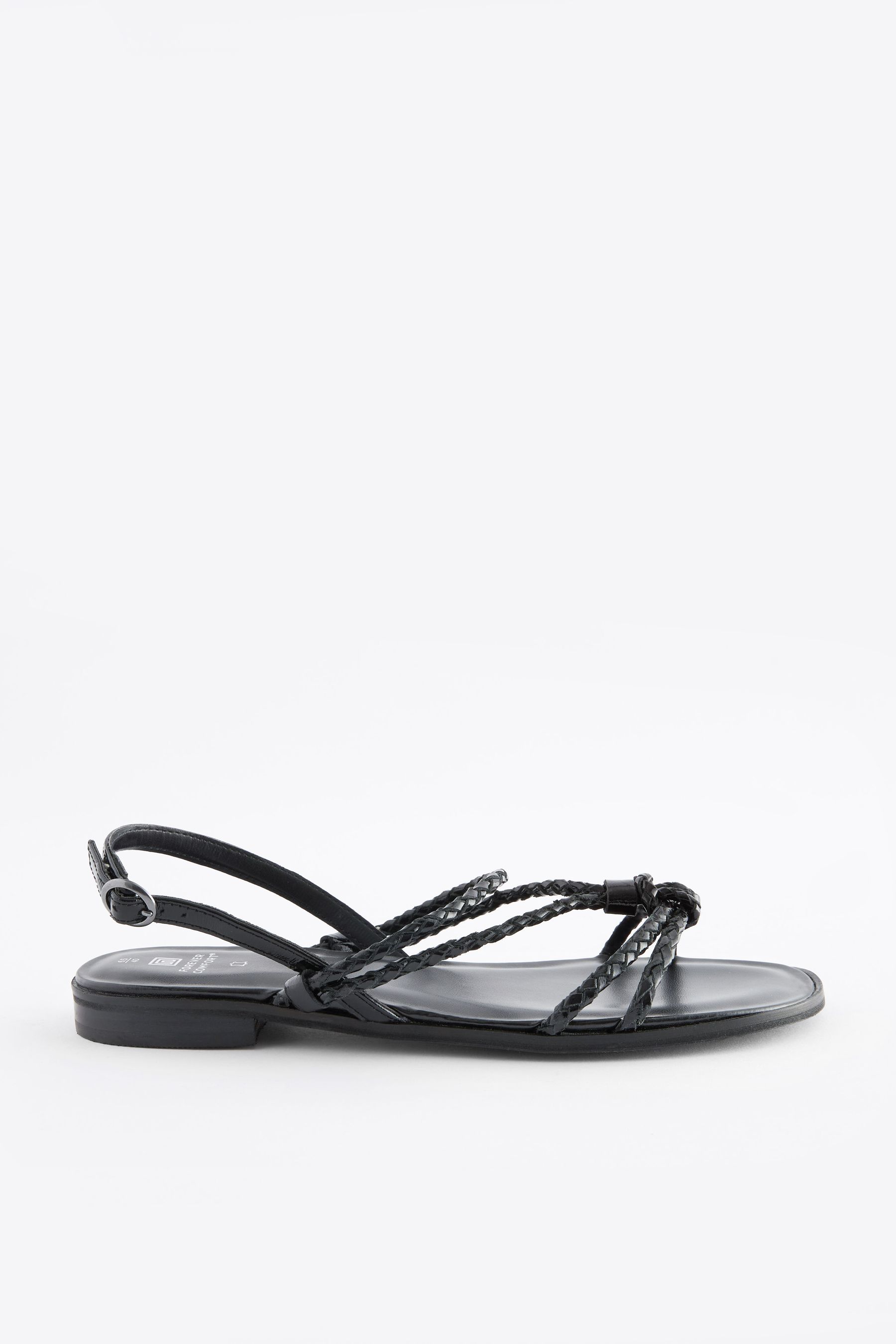 Black Forever Comfort Leather Flat Tubular Plaited Sandals
