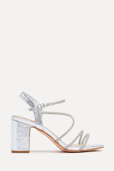 Linzi Silver Kira Strappy Diamante Block Heeled Sandals