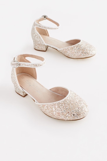 Ivory White Glitter Occasion Ankle Strap Low Heel Shoes
