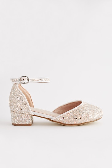 Ivory White Glitter Occasion Ankle Strap Low Heel Shoes