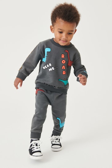 Charcoal Grey Dino All-Over Print Jersey Sweatshirt And Joggers Set (3mths-7yrs)