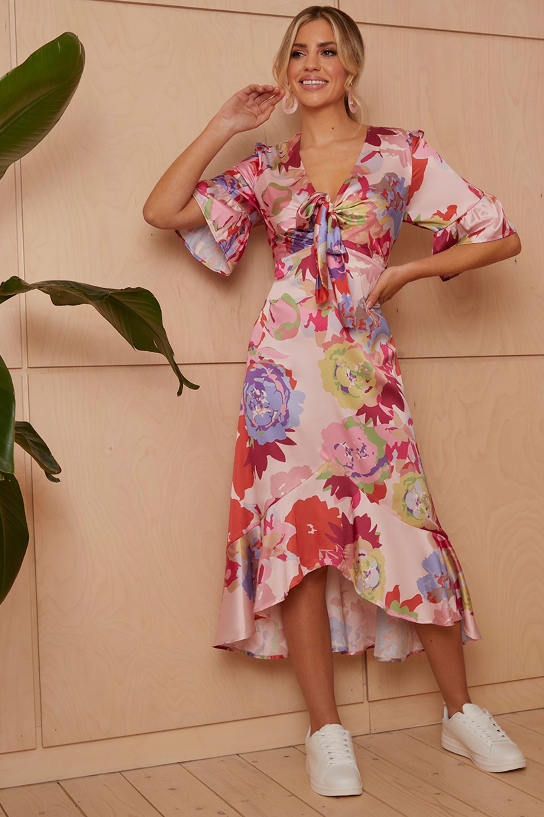 Buy Chi Chi London Pink Tie Front Floral Print Midi Dress from the Next UK online shop