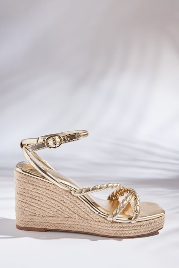 Gold Forever Comfort® Twist Strap Detail Square Toe Wedge Sandals