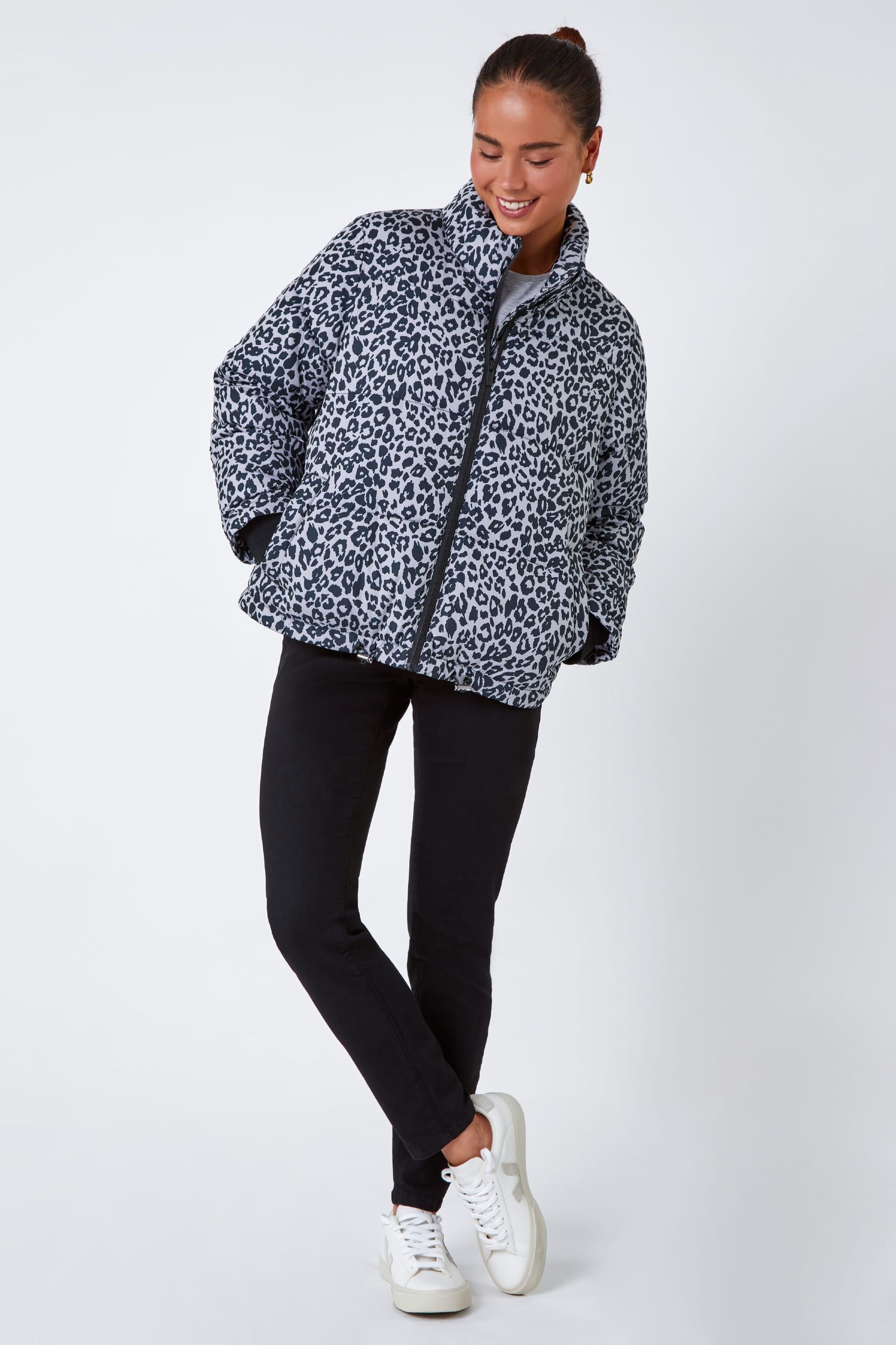 Buy Roman Black Petite Animal Print Puffer Jacket from the Next UK