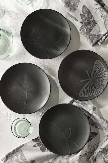 Kew Gardens Set of 4 Black Stoneware Side Plates