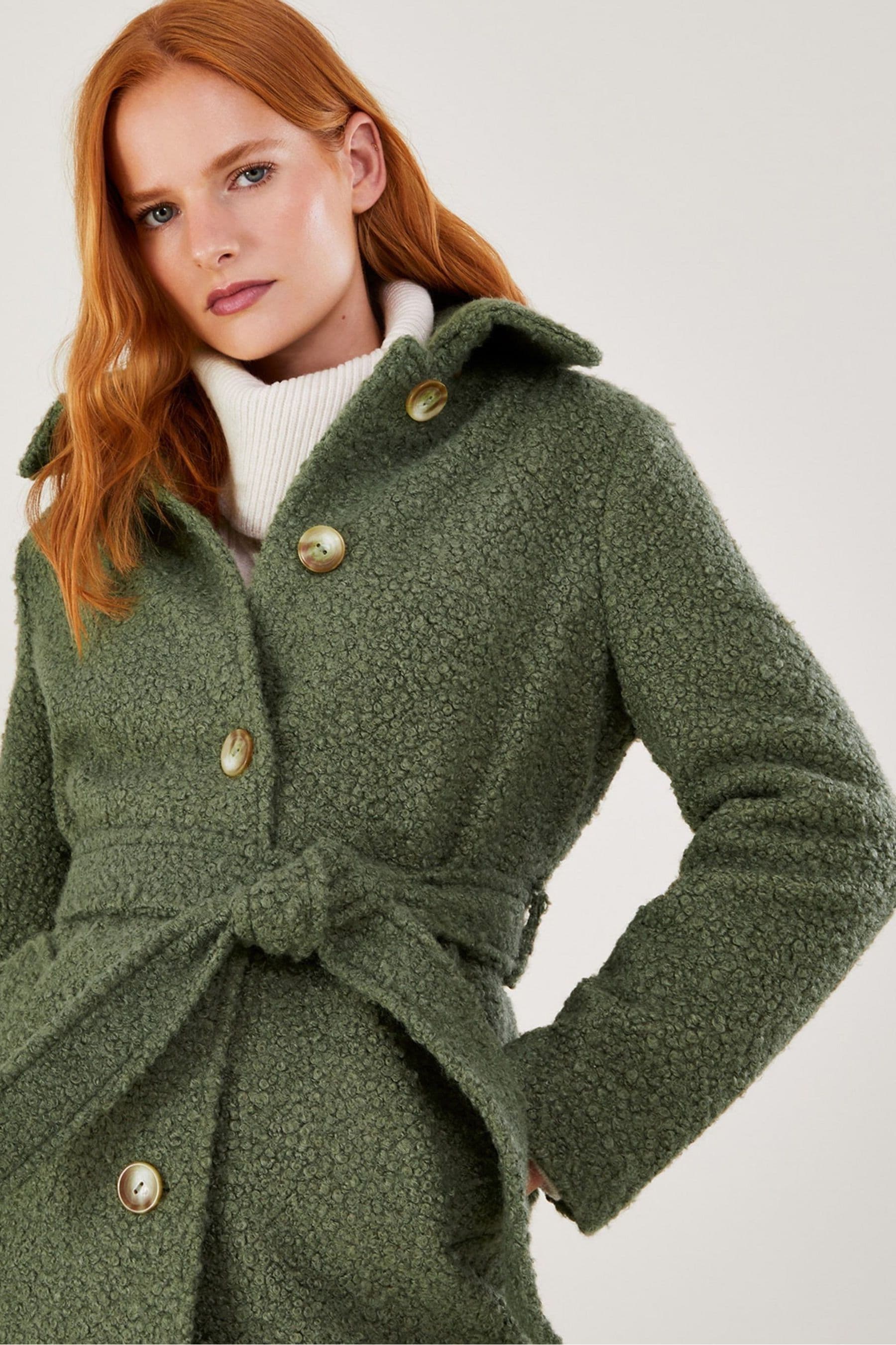 Monsoon Green Blair Boucle Single Breasted Belt Coat