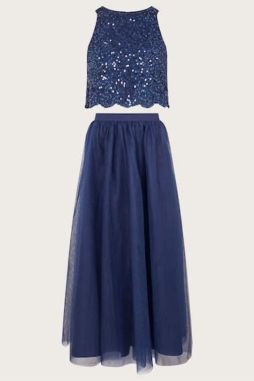 Monsoon Blue Sequin Lace Top and Maxi Tulle Skirt Prom Set