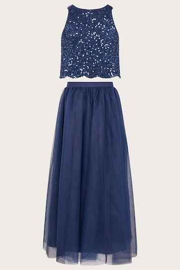 Monsoon Blue Sequin Lace Top and Maxi Tulle Skirt Prom Set