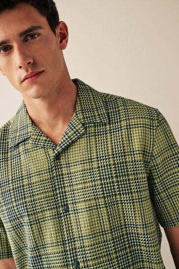 Green/Black Textured Check Cuban Collar Short Sleeve Shirt