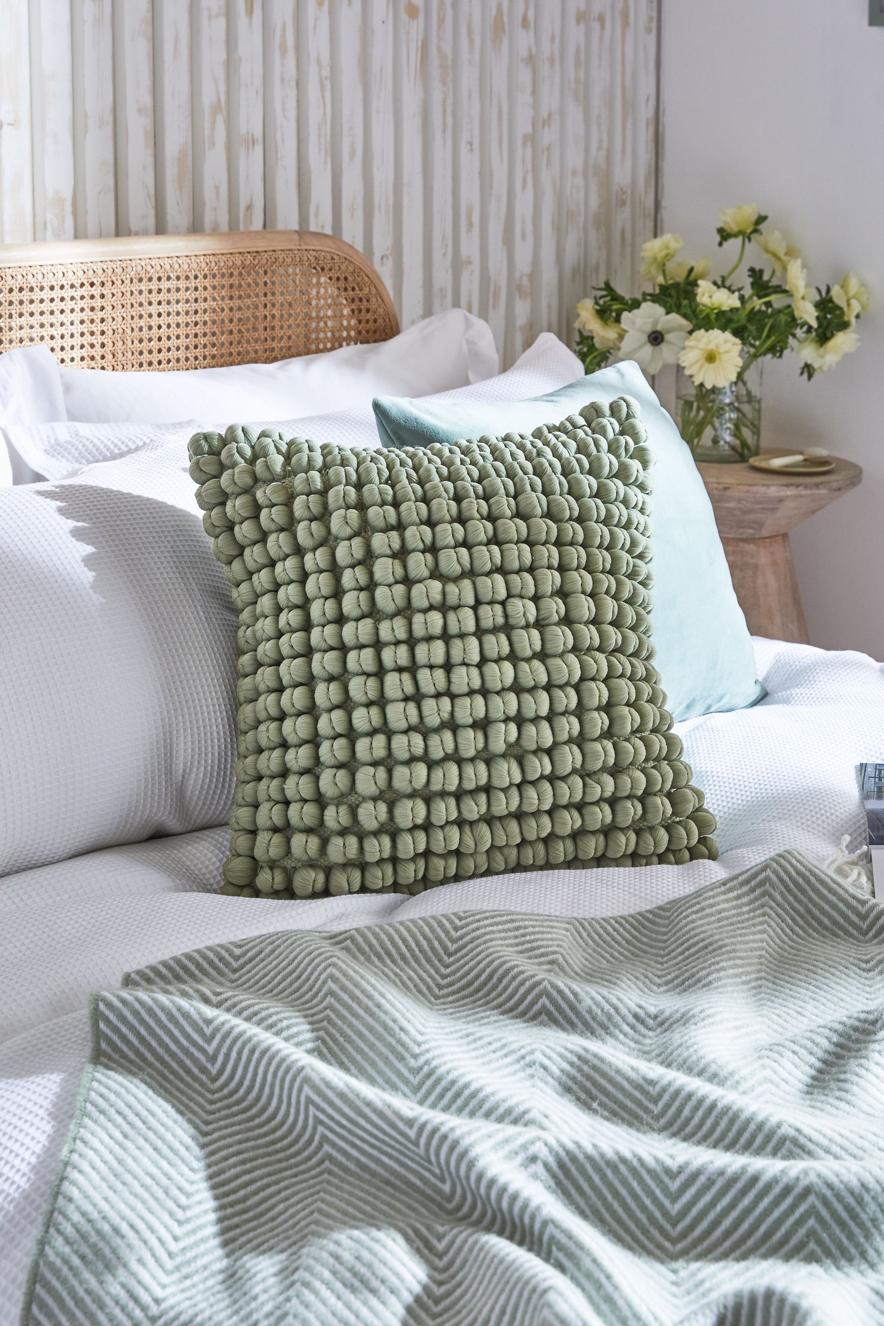 Buy Sage Green 43 x 43cm Global Bobble 100 Cotton Cushion from the Next UK online shop