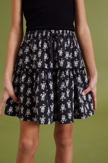 Black/Ivory White Floral Woodblock Print Soft Jersey Tiered Skirt (3-16yrs)