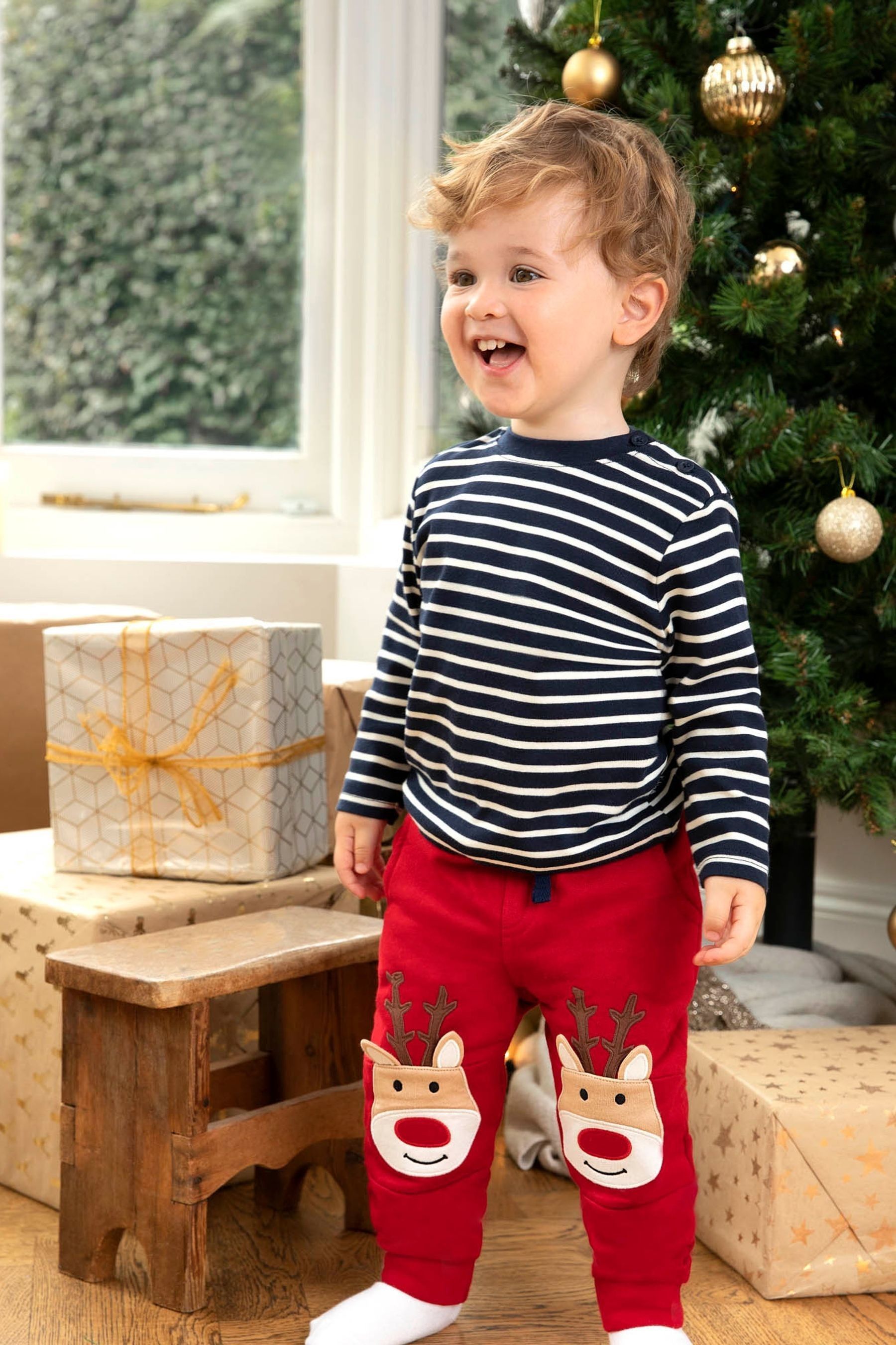 JoJo Maman B b Red Reindeer Appliqu Knee Joggers
