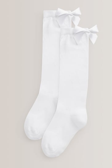 White Cotton Rich Bow Knee High School Socks 2 Pack