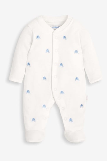 JoJo Maman Bébé Blue Elephant Embroidered Cotton Baby Sleepsuit