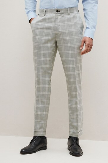 Grey Slim Tapered Trimmed Check Trousers