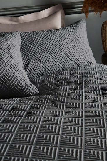 Charcoal Grey Embossed Geometric Duvet Cover And Pillowcase Set