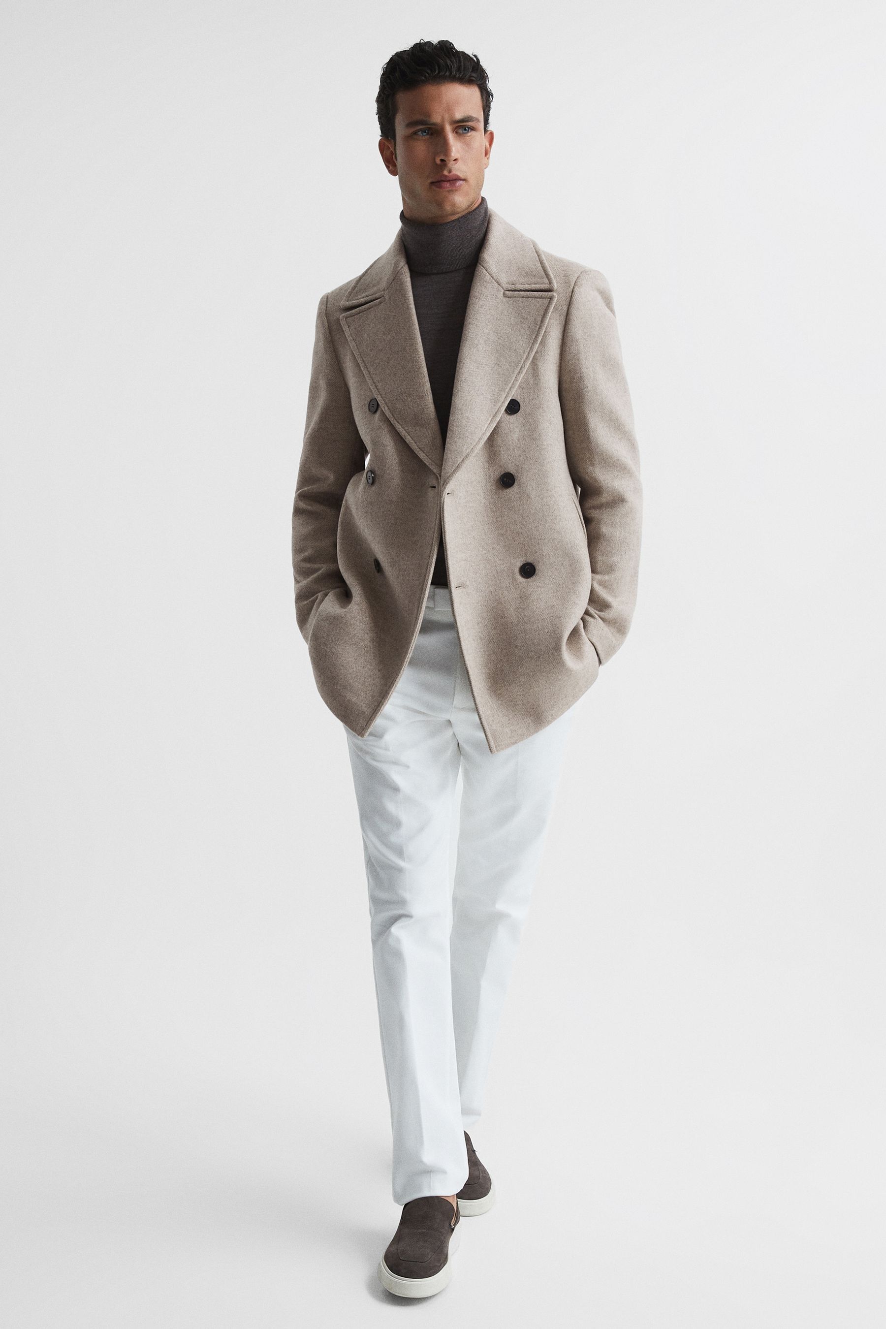 Reiss Oatmeal Bergamo Wool Blend Herringbone Peacoat