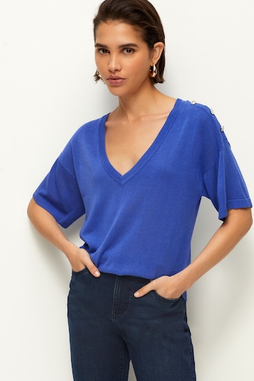 Bright Blue V-Neck Gem Button Linen T-Shirt