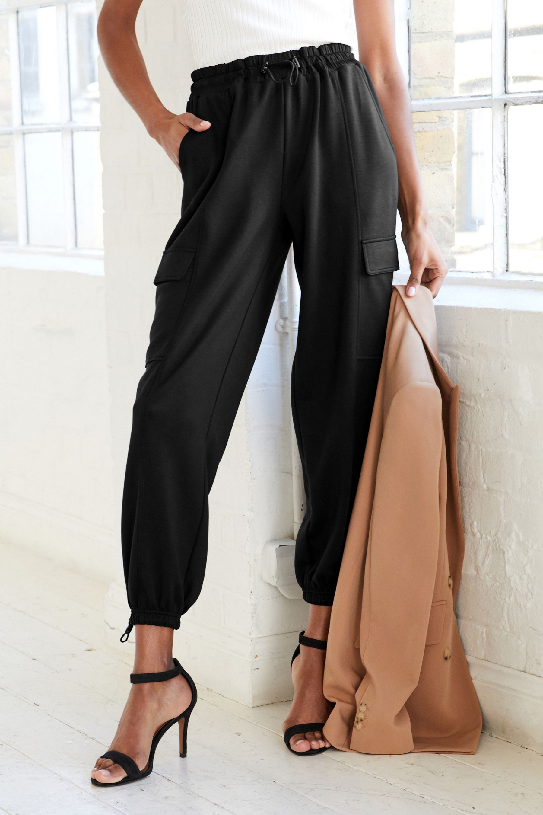 Black Jersey Parachute Cargo Trousers