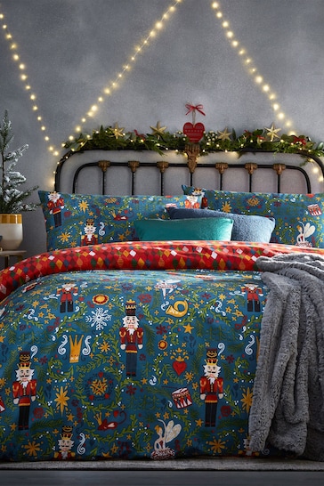 furn. Blue Nutcracker Christmas Reversible Duvet Cover and Pillowcase Set