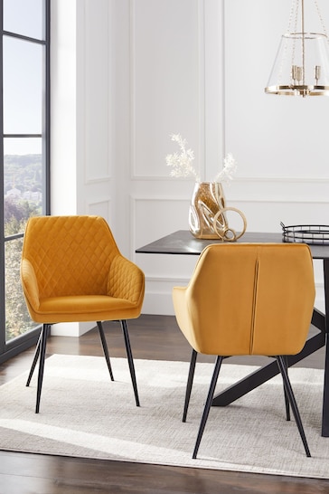 Set of 2 Soft Velvet Ochre Yellow Hamilton Arm Dining Chairs
