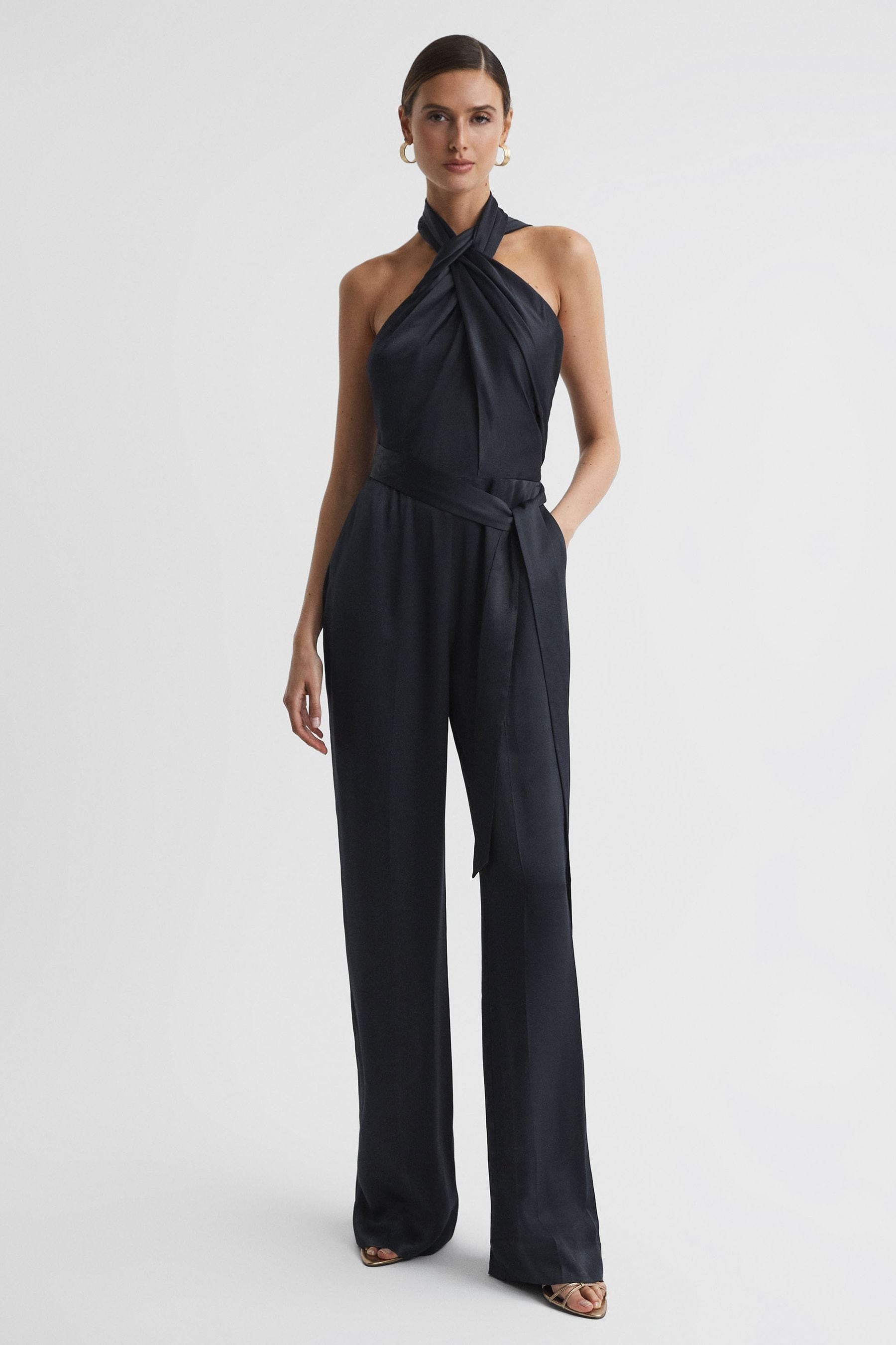 Buy Reiss Midnight Navy Jules Satin Halter Neck Fitted Jumpsuit